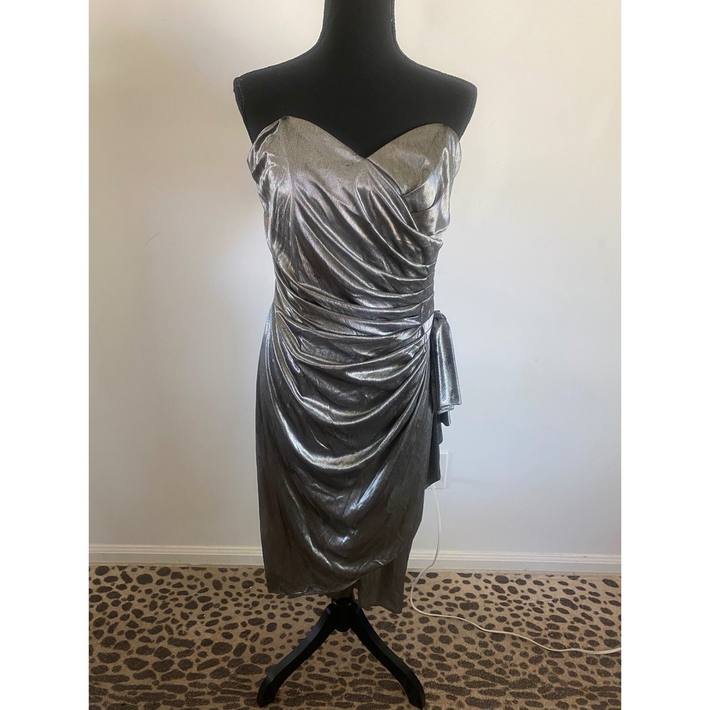 Robbie Bee Vintage 80s Metallic Silver Strapless Ruched Cocktail Dress Size 14